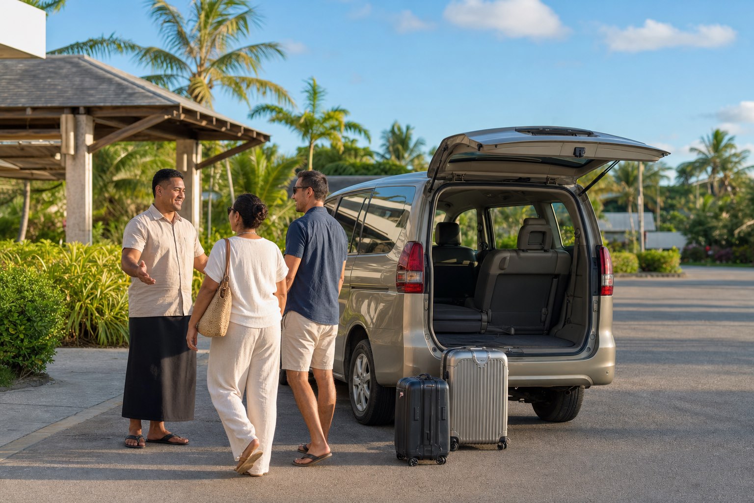 Representative airport arrival with guests, luggage and a transfer van in a tropical setting